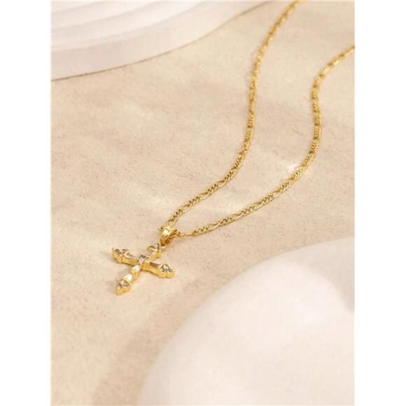 14K Gold Plated  Cross Pendant Necklace Dainty Gold - Picture 11 of 13